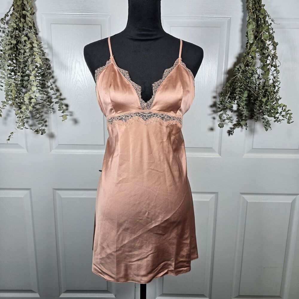 Victoria’s Secret Slip Dress Lingerie Baby Doll Satin Lace Trim Crossback Pink L